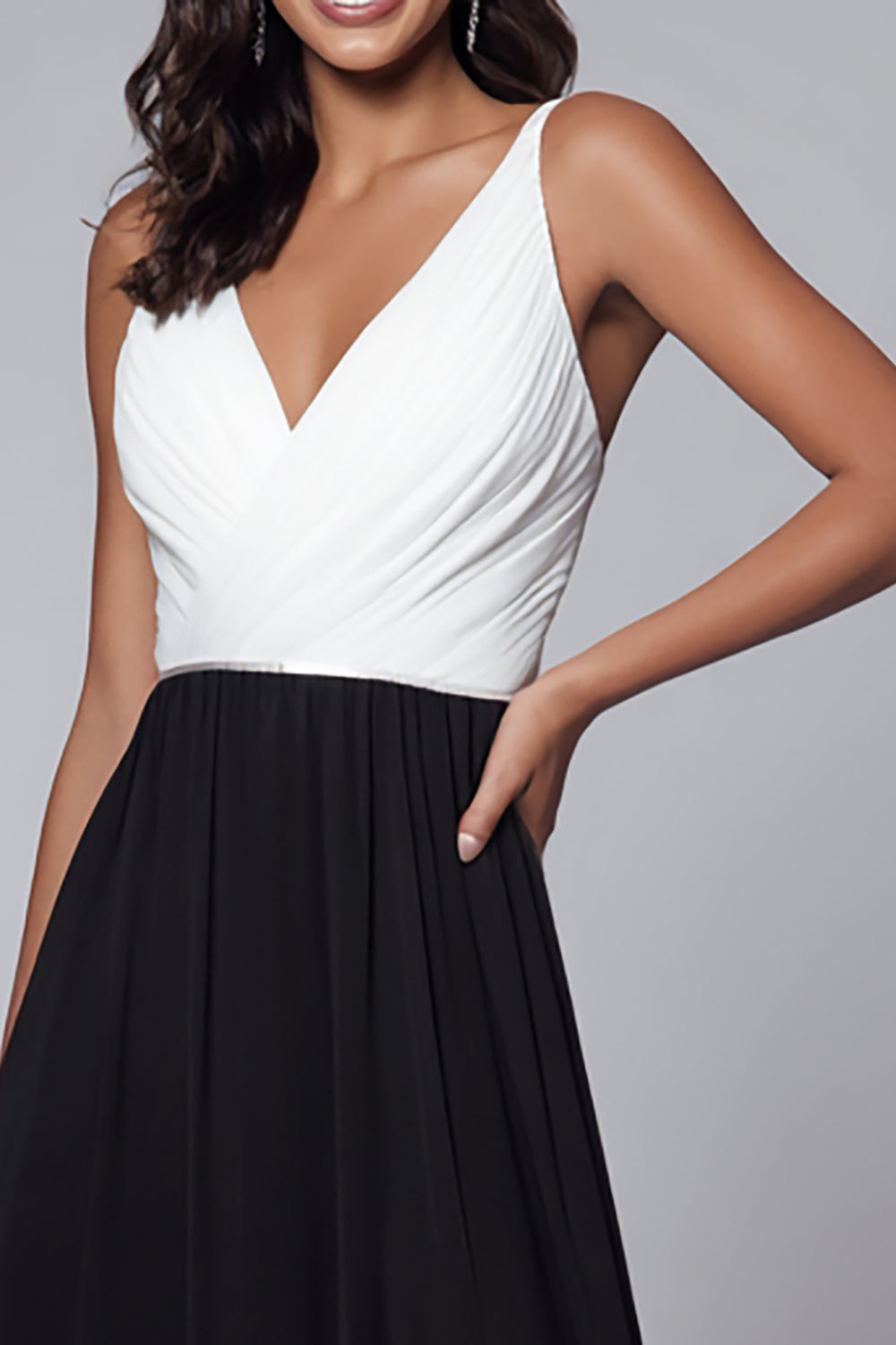 V-Neck Black and White A Line Long Formal Dress with Slit
