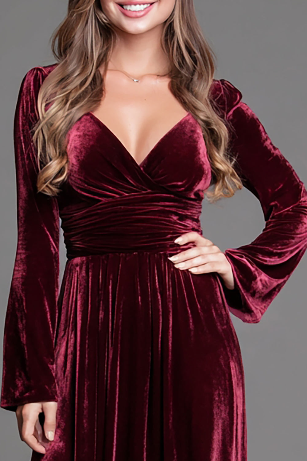 V Neck Burgundy Velvet A Line Formal Dress with Slit