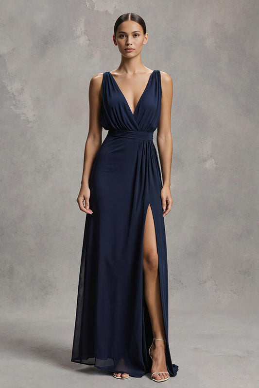 Navy Chiffon A Line V-Neck Long Formal Dress with Slit