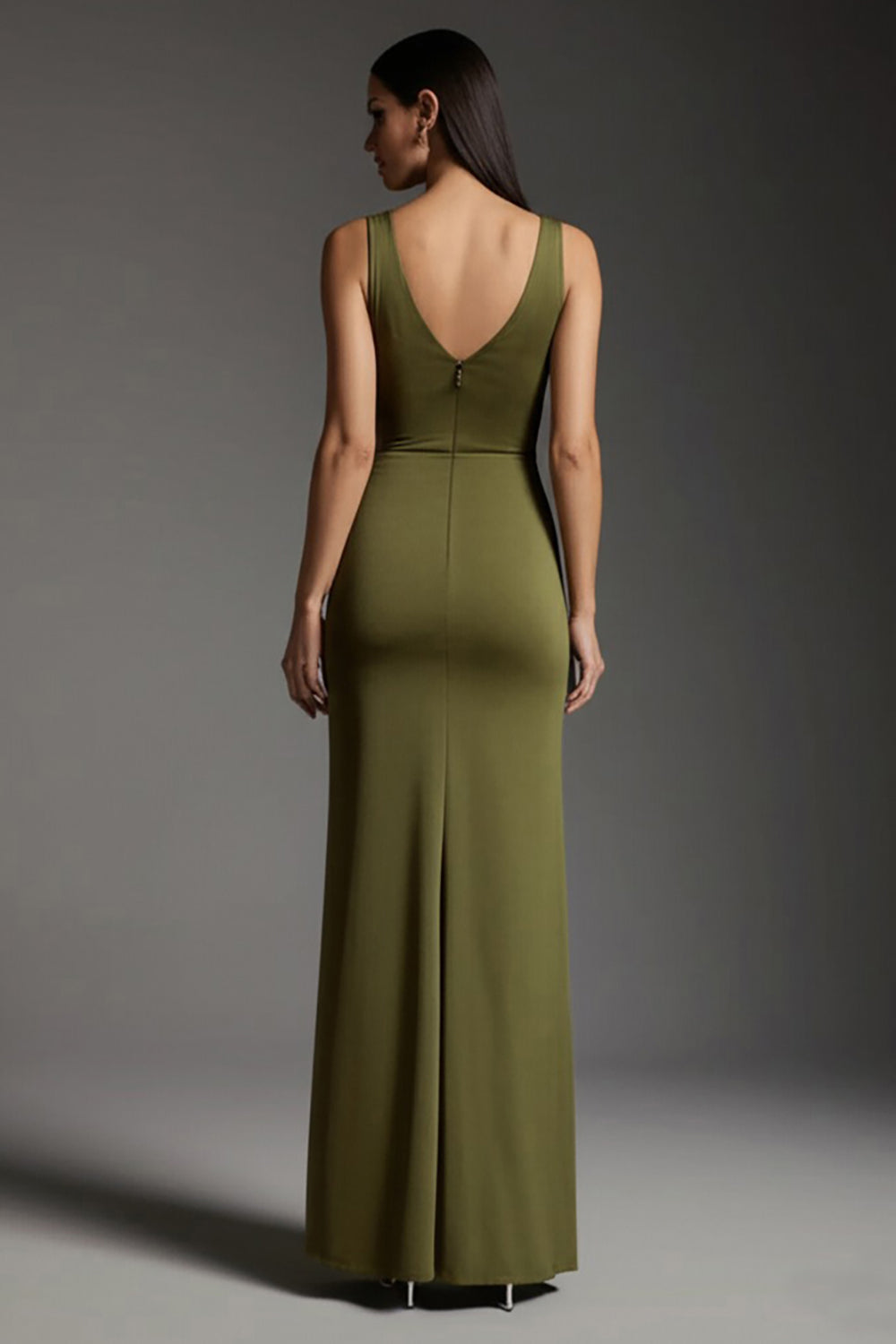 Olive Sheath V-Neck Maxi Formal Dress with Slit