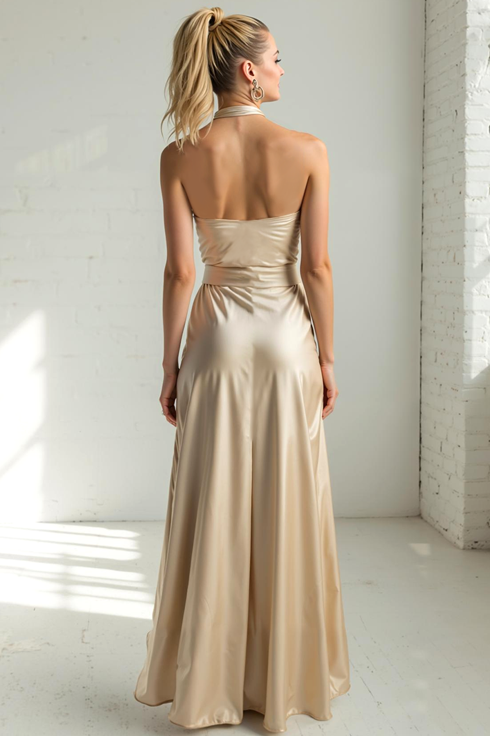 Champagne Satin Ruched Sheath Halter Long Bridesmaid Dress