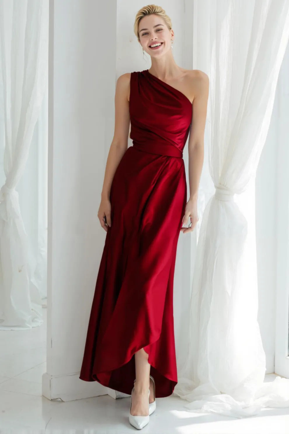 Blue Satin One Shoulder Ruched Long Bridesmaid Dress