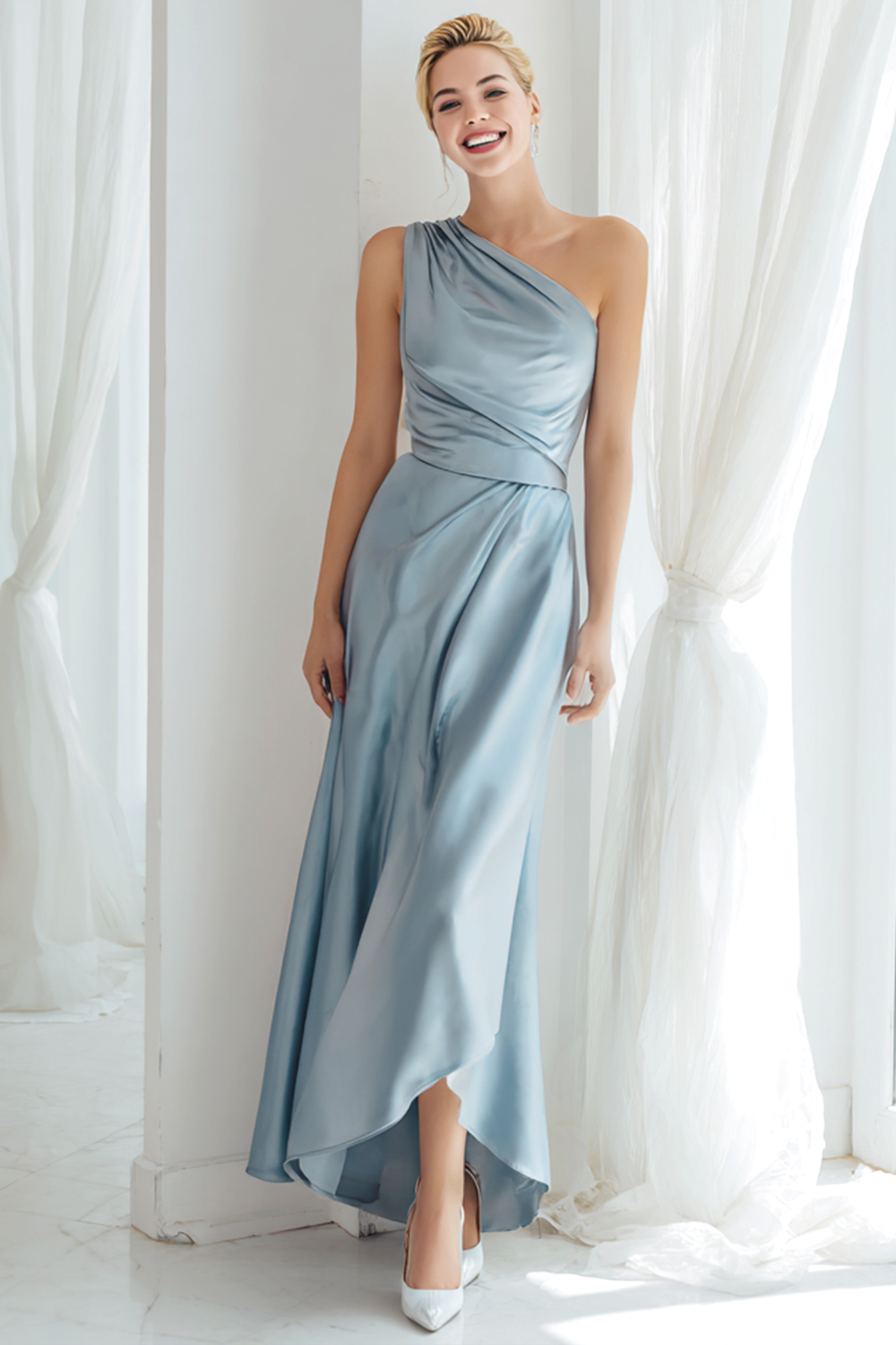 Blue Satin One Shoulder Ruched Long Bridesmaid Dress