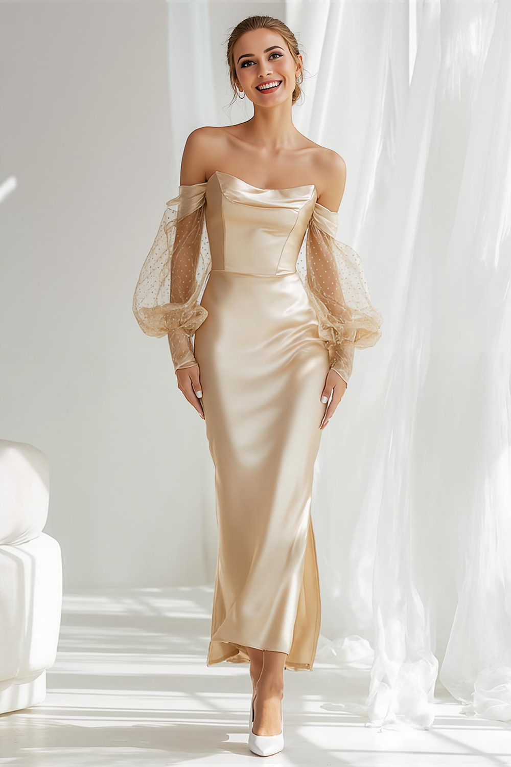 Champagne Satin Off The Shoulder Sheath Long Bridesmaid Dress with Sleeves