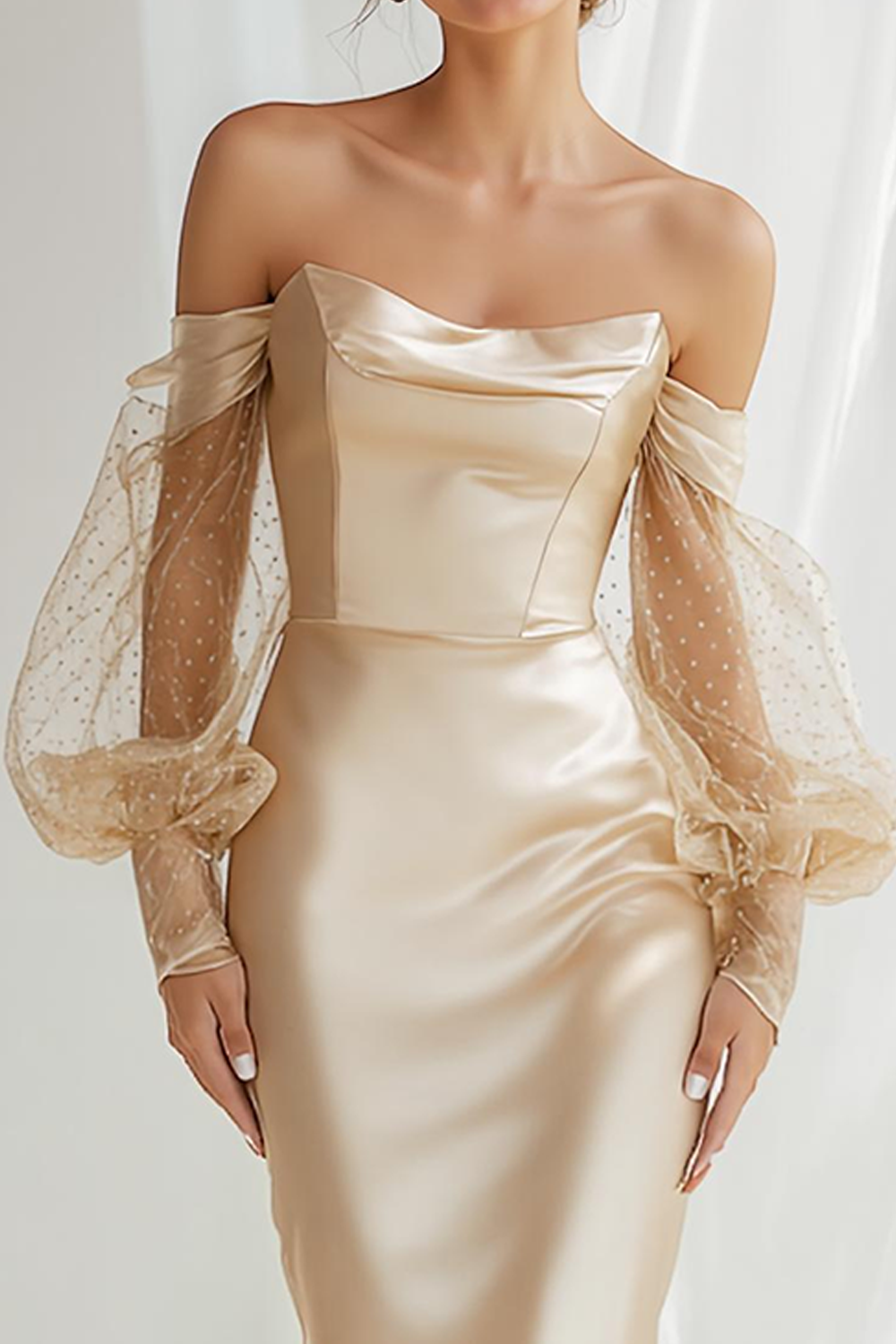 Champagne Satin Off The Shoulder Sheath Long Bridesmaid Dress with Sleeves