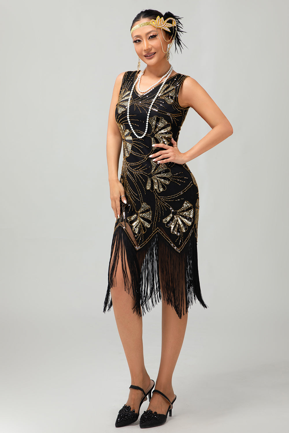 Sparkly Black Golden Fringed 1920s Dress