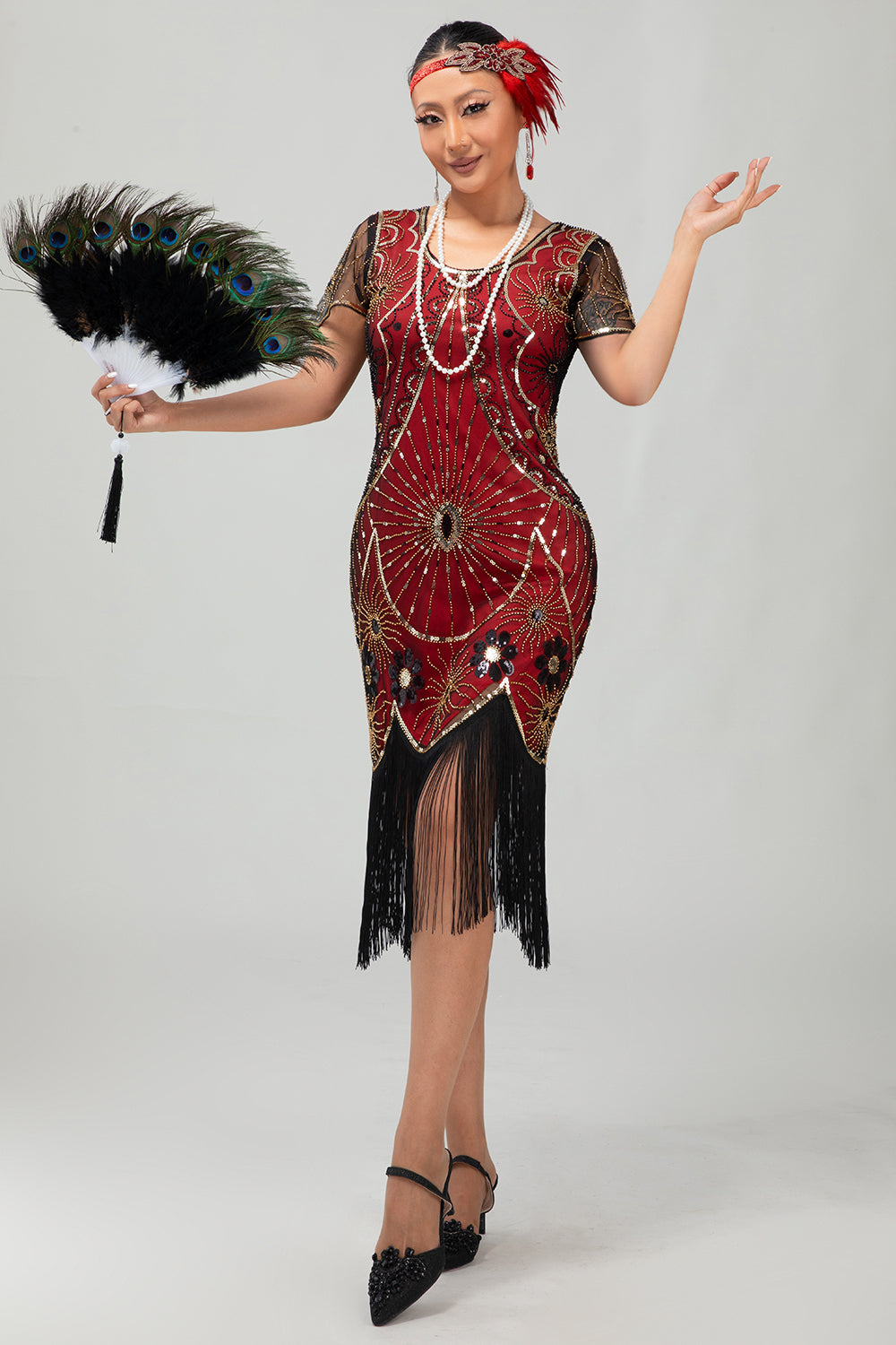 Beaded Black Golden Fringed Bodycon 1920s Dress