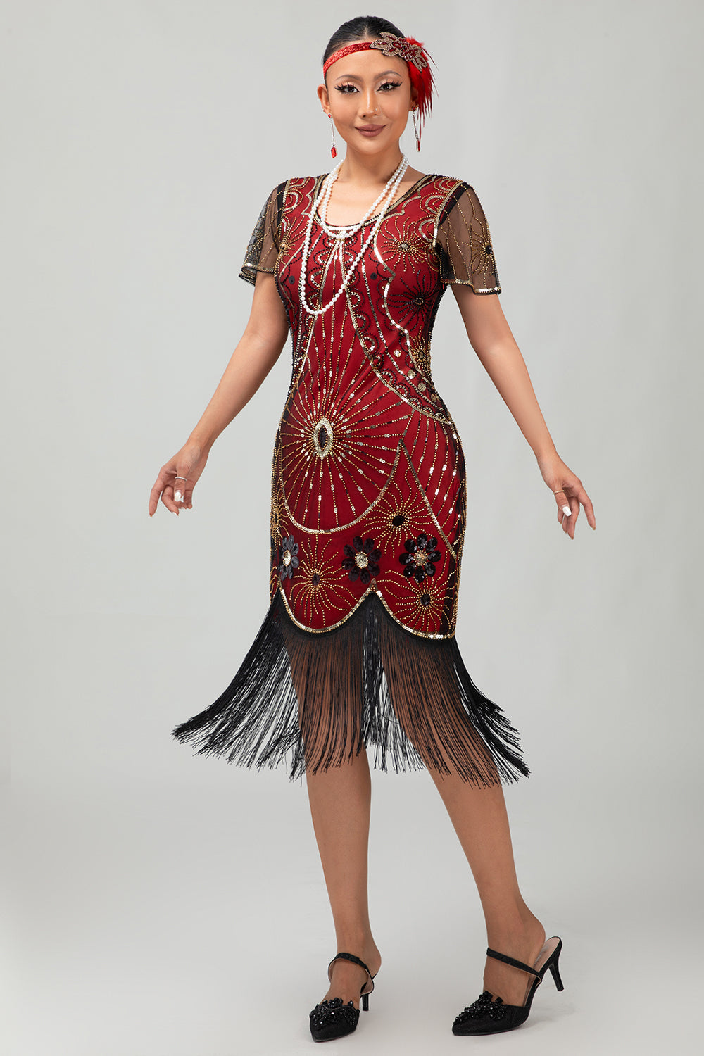 Beaded Black Golden Fringed Bodycon 1920s Dress
