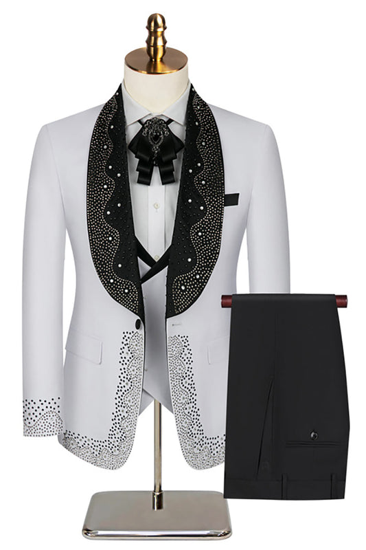 Men's White Beaded Shawl Lapel Single Breasted 3 Pieces Suits