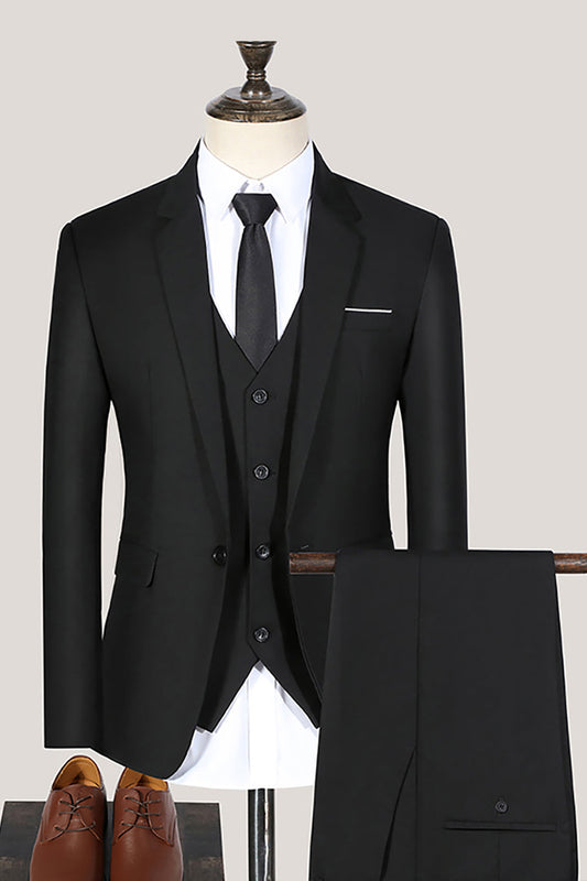 Black Notched Lapel 3 Pieces Slim Fit Men's Formal Suits