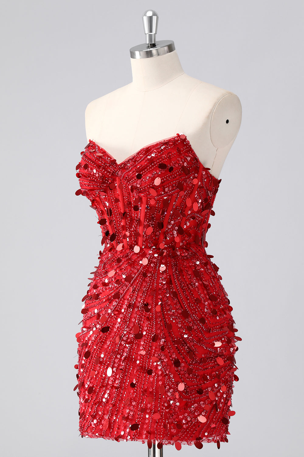 Sparkly Fuchsia Strapless Tight Short Sequins Corset Homecoming Dress with Beading