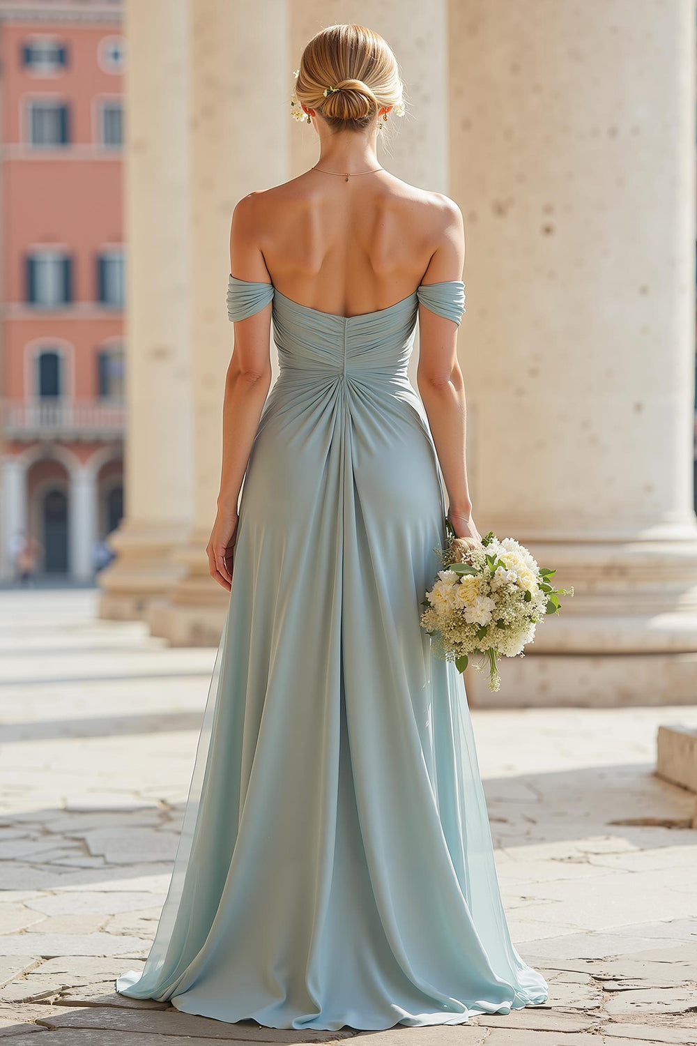 Grey Blue A Line Off the Shoulder Long Bridesmaid Dress with Slit