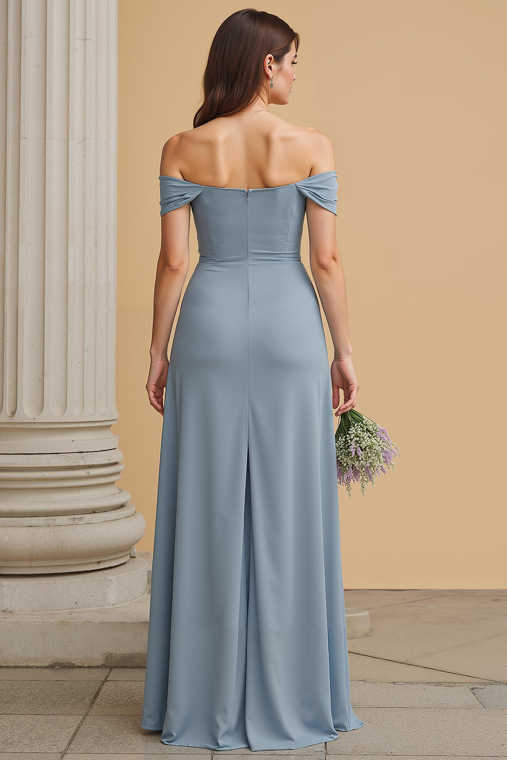 Dusty Blue Off the Shoulder Maxi A Line Bridesmaid Dress with Slit