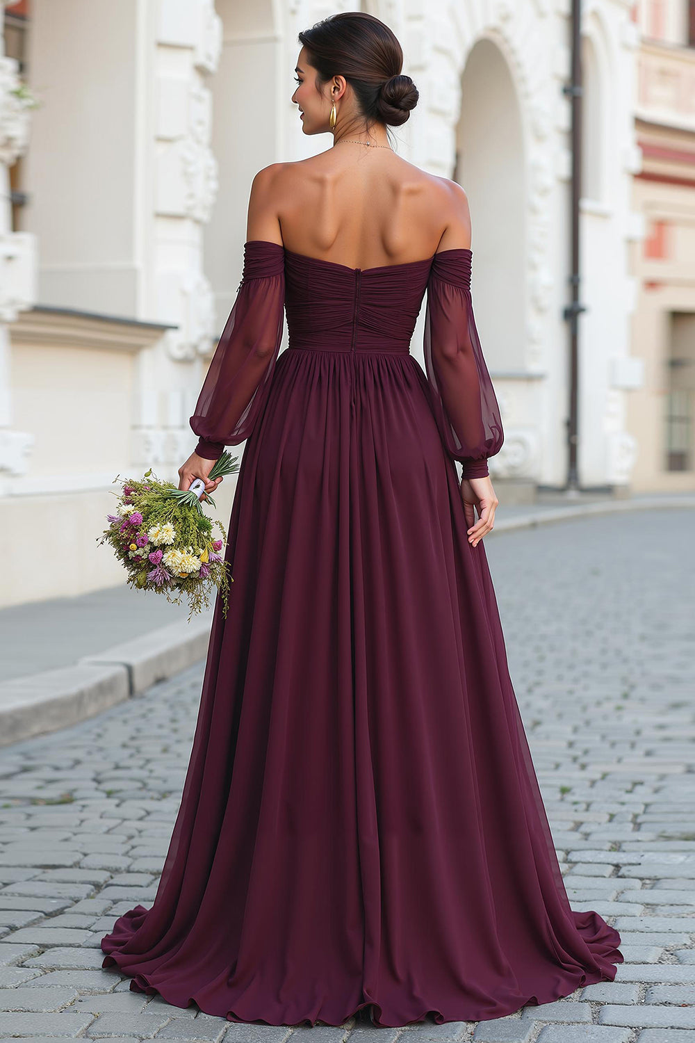 Cabernet A Line Long Off the Shoulder Bridesmaid Dress with Sleeves