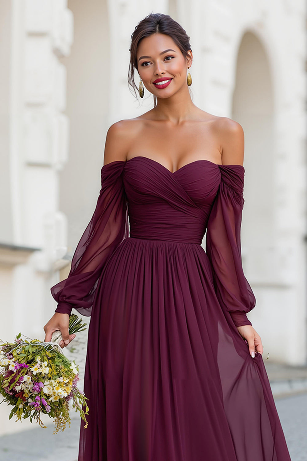 Cabernet A Line Long Off the Shoulder Bridesmaid Dress with Sleeves
