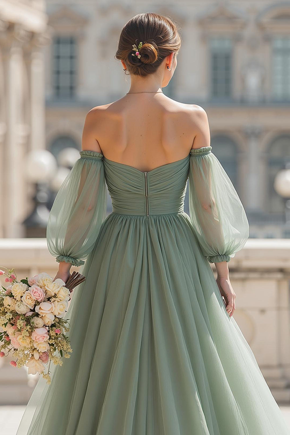Eucalyptus Long Off the Shoulder A Line Bridesmaid Dress with Sleeves