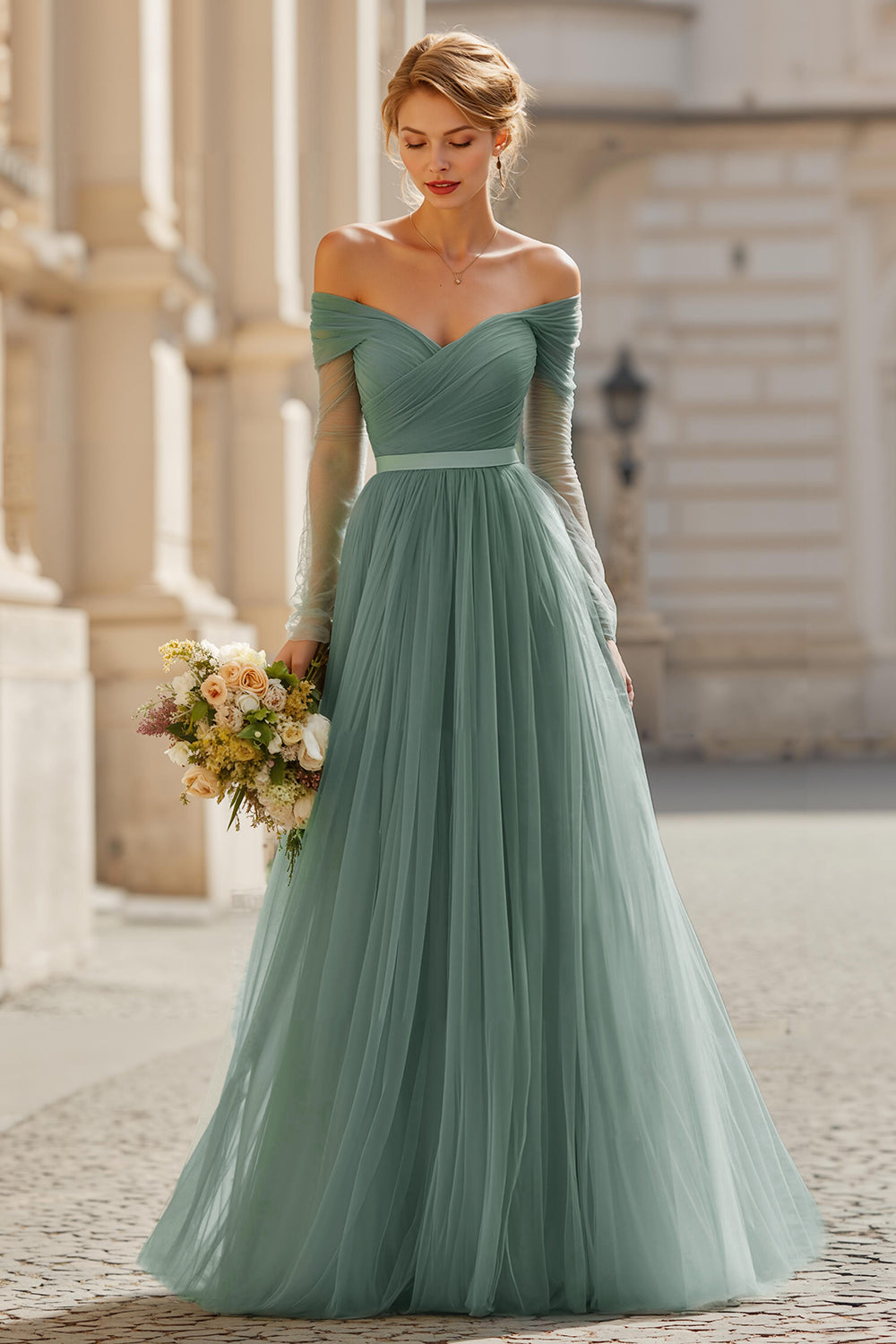 Eucalyptus A Line Long Off the Shoulder Bridesmaid Dress with Sleeves