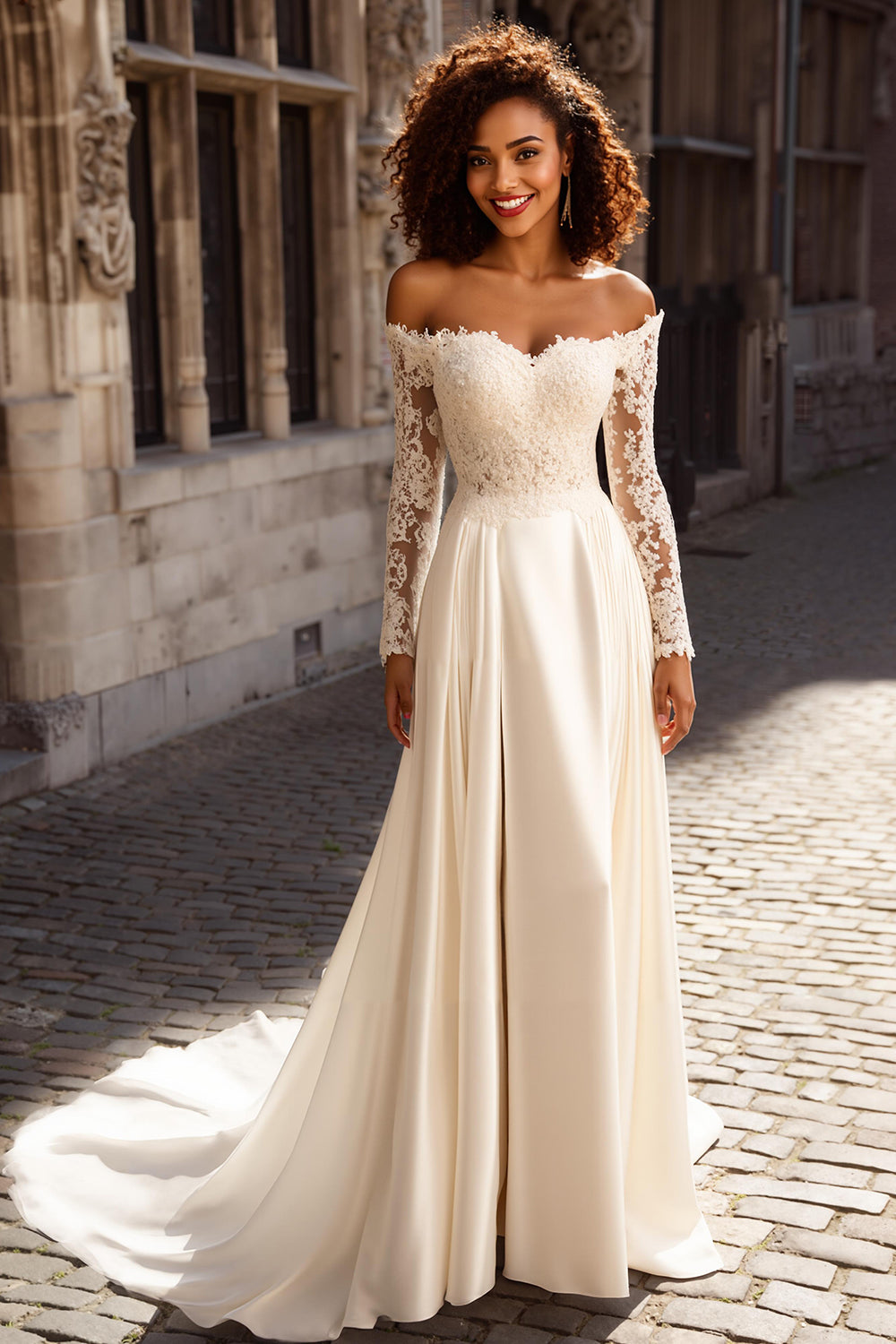 Ivory Off the Shoulder Satin A-Line Sweep Train Wedding Dress with Lace