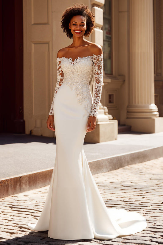 Ivory Mermaid Sweep Train Off the Shoulder Wedding Dress with Lace