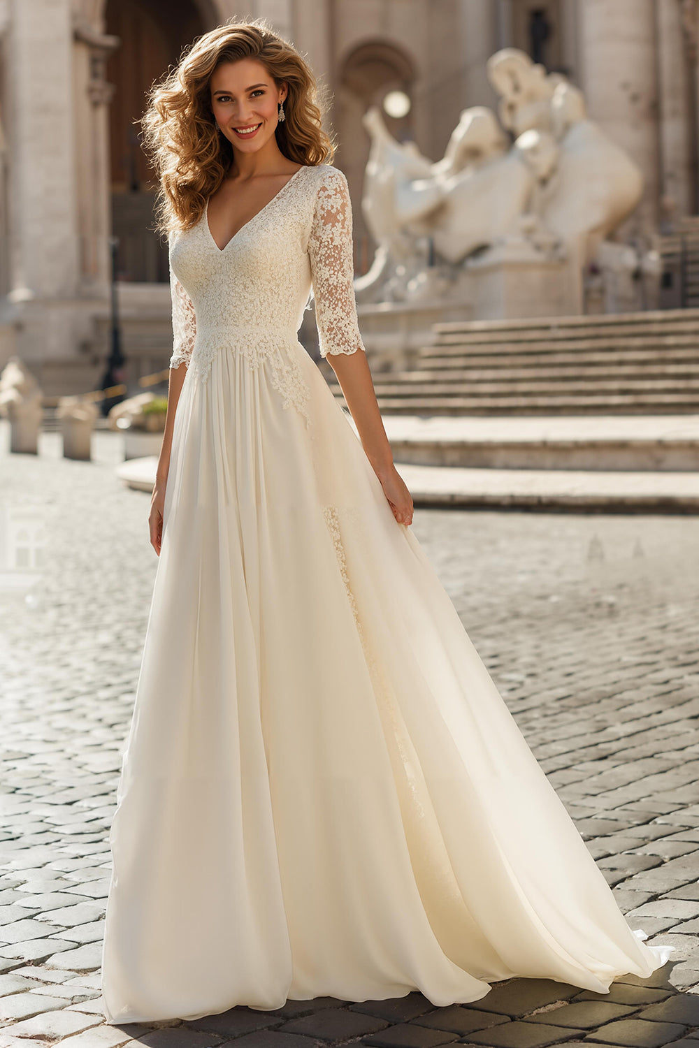 Ivory V-Neck A Line Maxi Wedding Dress with Lace
