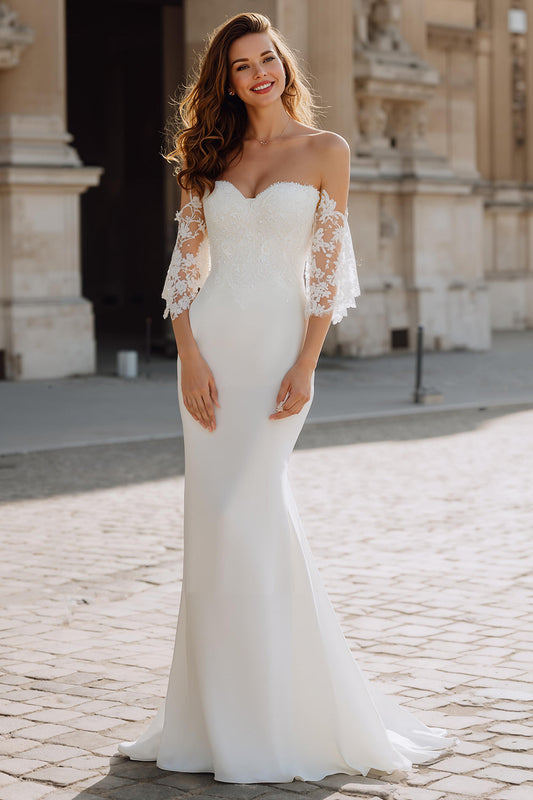 Mermaid White Sweetheart Neck Lace Appliqued Floor Length Wedding Dress