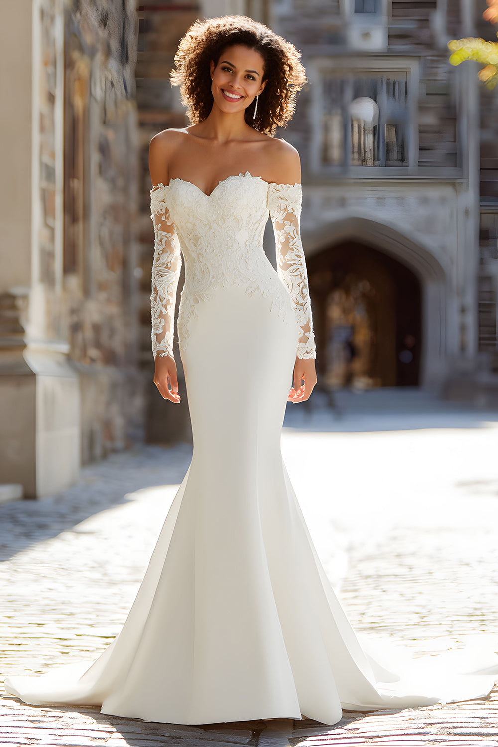 White Mermaid Off the Shoulder Lace Appliqued Sweep Train Wedding Dress