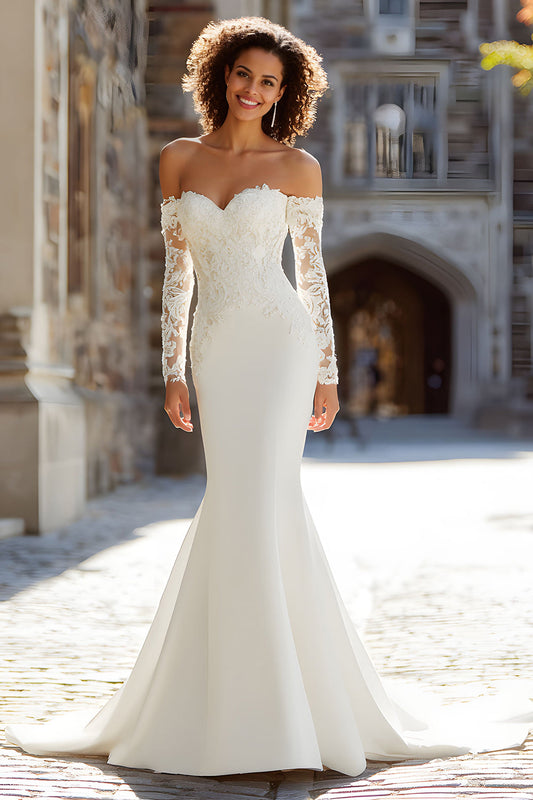 White Mermaid Off the Shoulder Lace Appliqued Sweep Train Wedding Dress