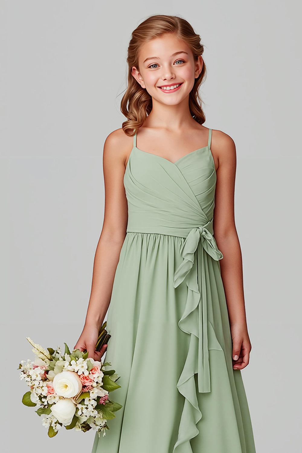 Sage Green Spaghetti Straps A-Line Chiffon Long Junior Bridesmaid Dress