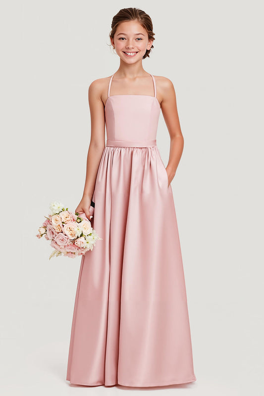 Simple Blush A Line Satin Spaghetti Straps Long Junior Bridesmaid Dress