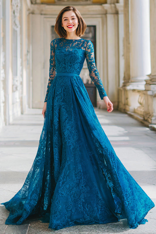 Ink Blue Appliques Round Neck A Line Long Mother of the Bride Dress