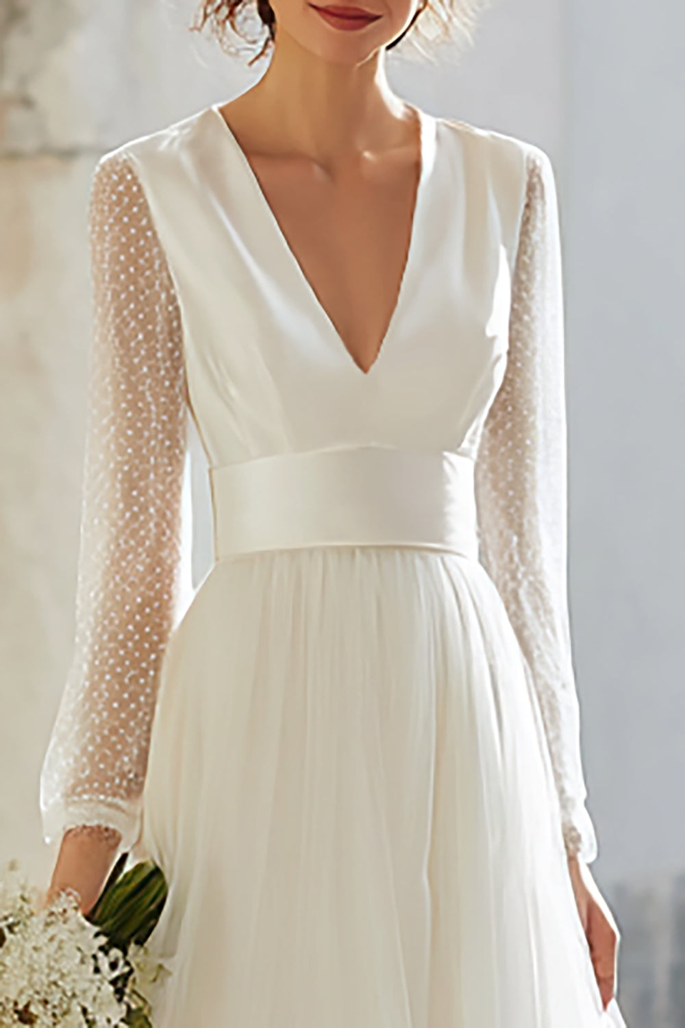 Elegant Ivory V-Neck A Line Maxi Wedding Dress with Sleeves