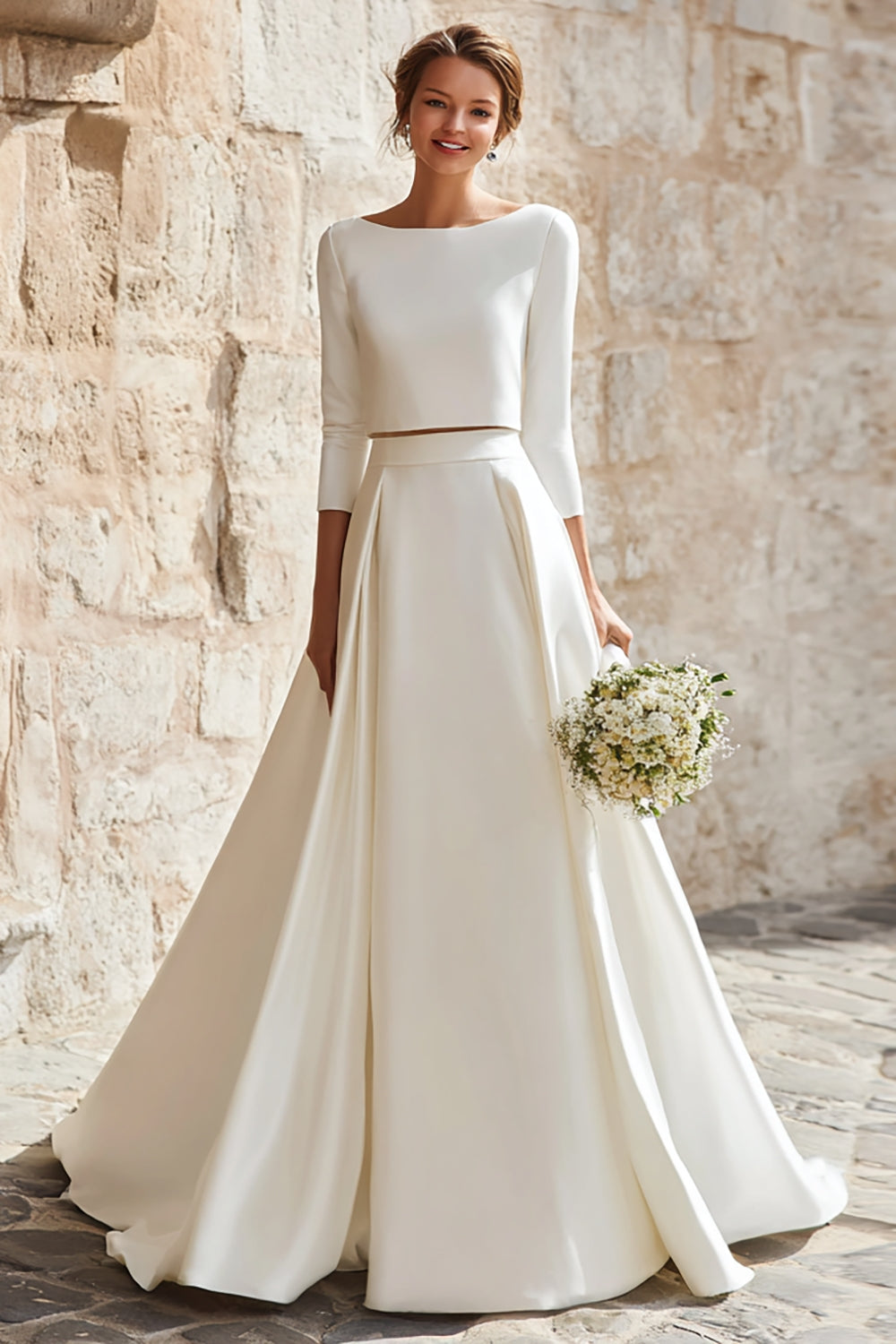Ivory Boat Neck Satin 2 Piece Sweep Train A Line Wedding Dress