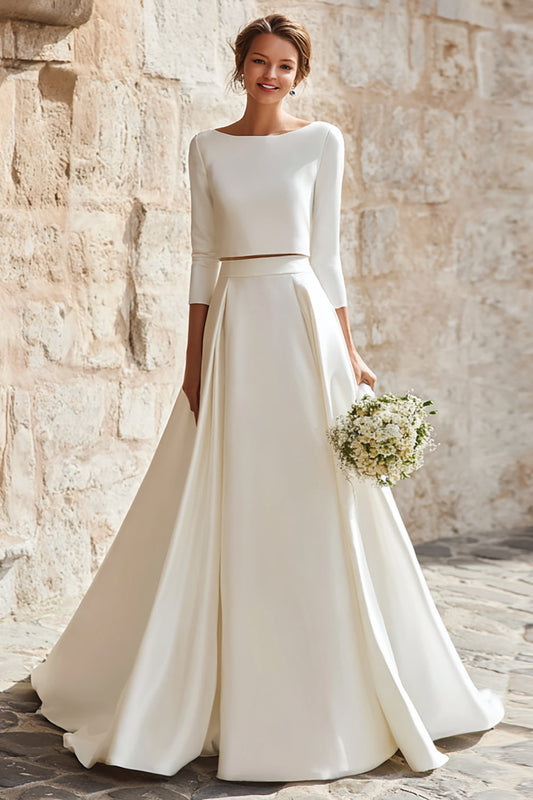 Ivory Boat Neck Satin 2 Piece Sweep Train A Line Wedding Dress