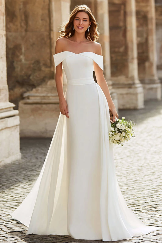 Elegant Ivory Off the Shoulder A Line Long Wedding Dress