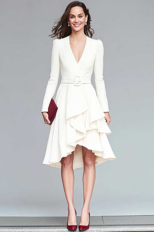 Ivory Ruffled A Line V Neck Midi Work Dress with Belt