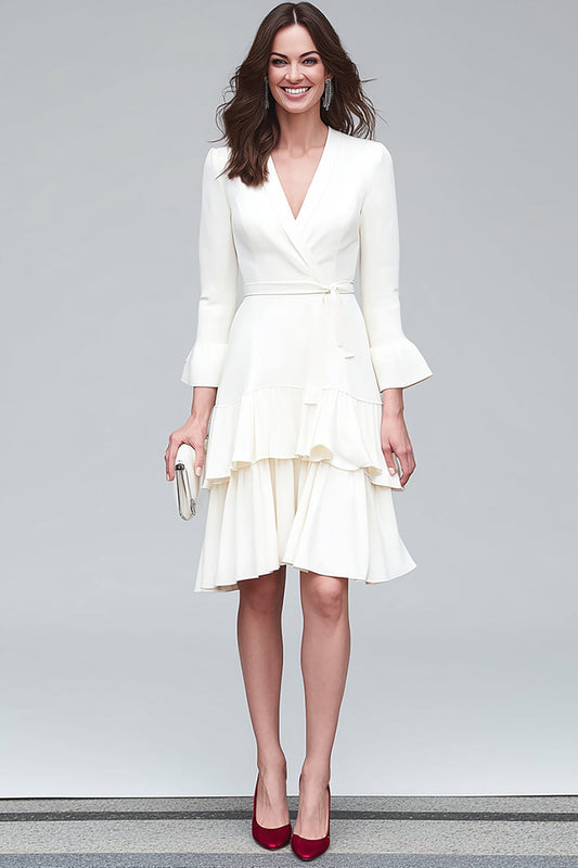 Ivory V-Neck Sheath Long Sleeves Midi Work Dress with Ruffles