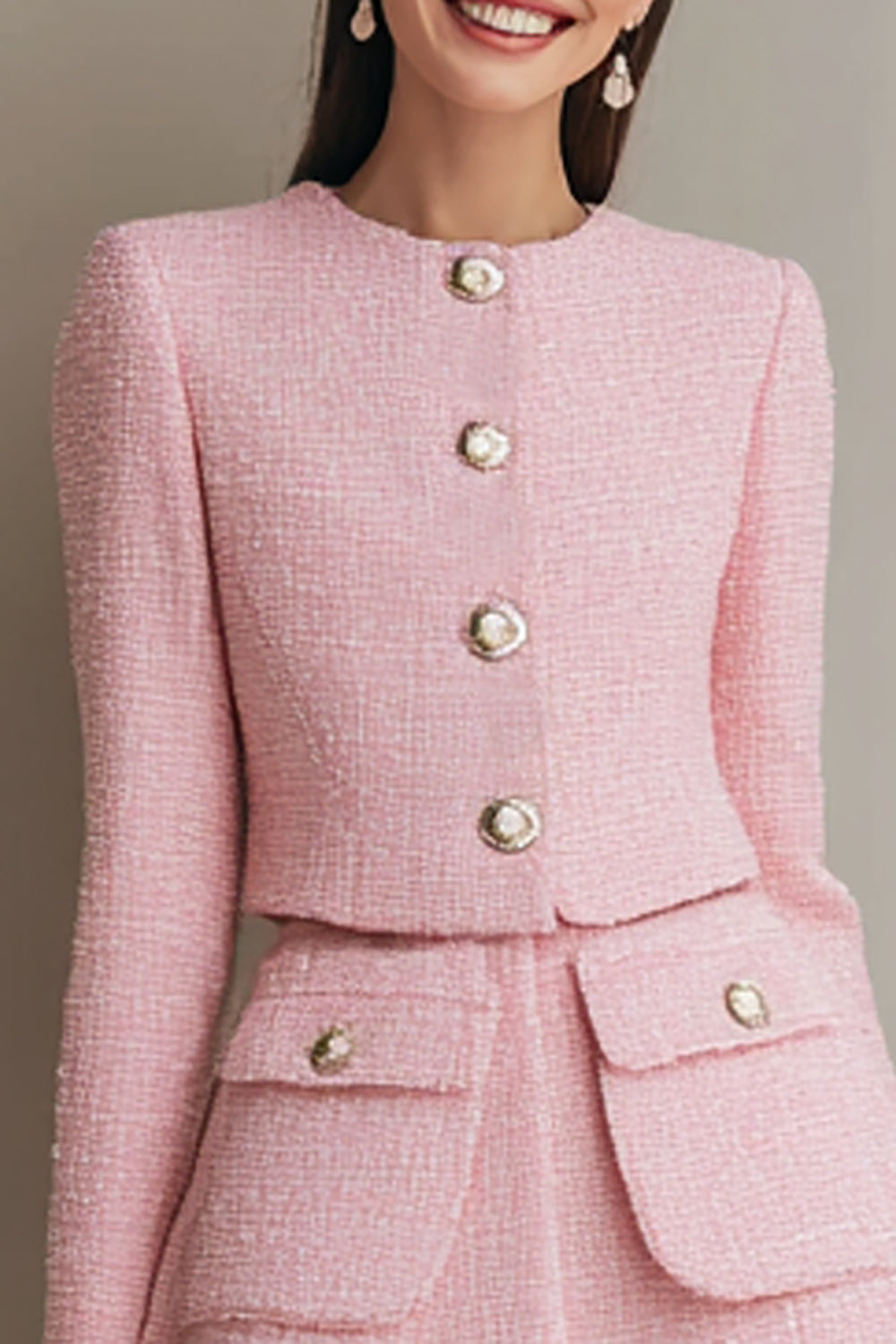 Pink 2 Piece Tweed A Line Long Sleeves Single Breasted Short Work Dress with Pockets