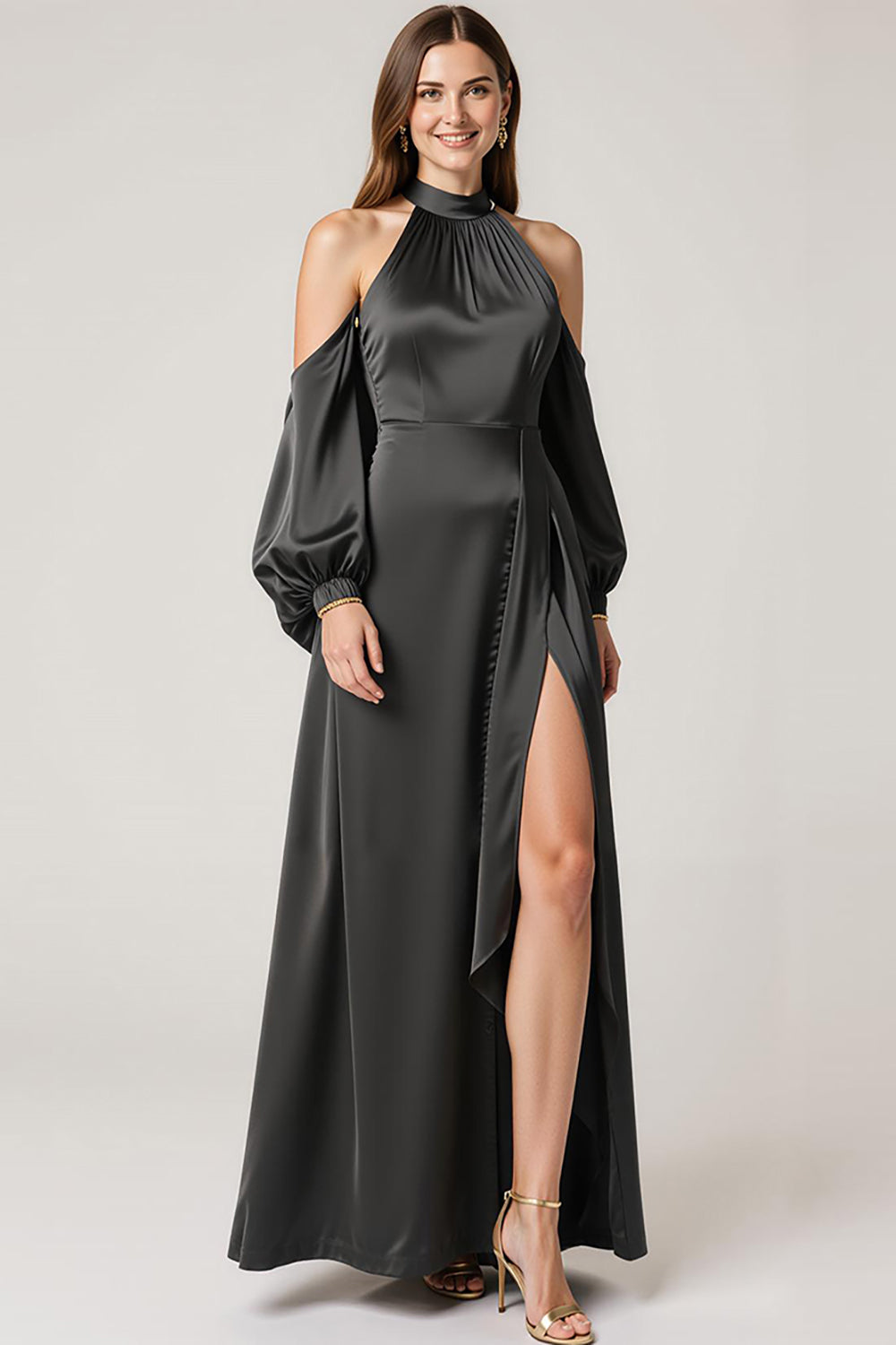 Halter Black Satin Formal Dress with Slit