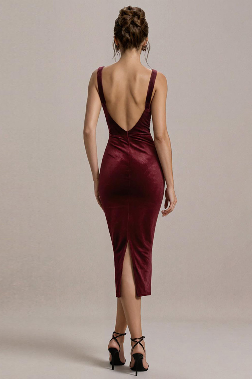 Burgundy Bodycon Velvet Midi Formal Dress