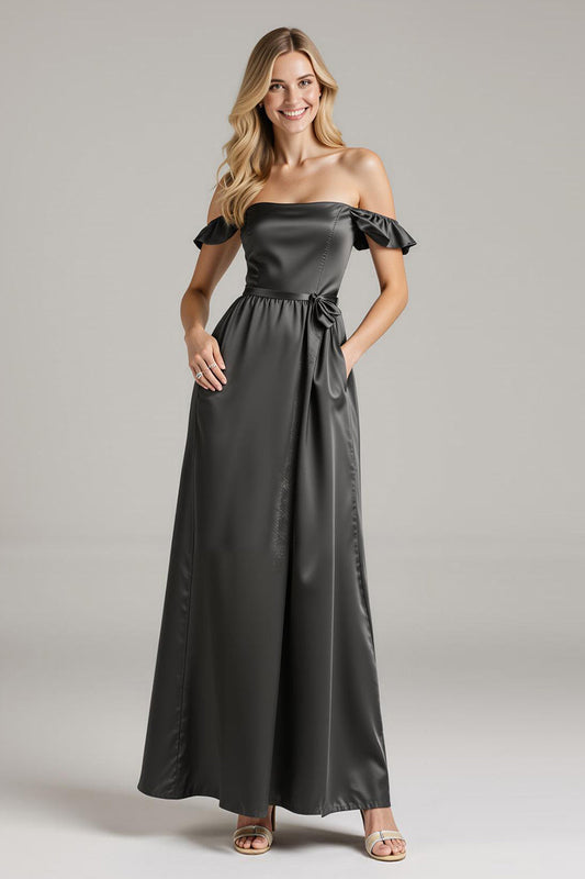 Black Satin Off The Shoulder Long Formal Dress with Ruffles