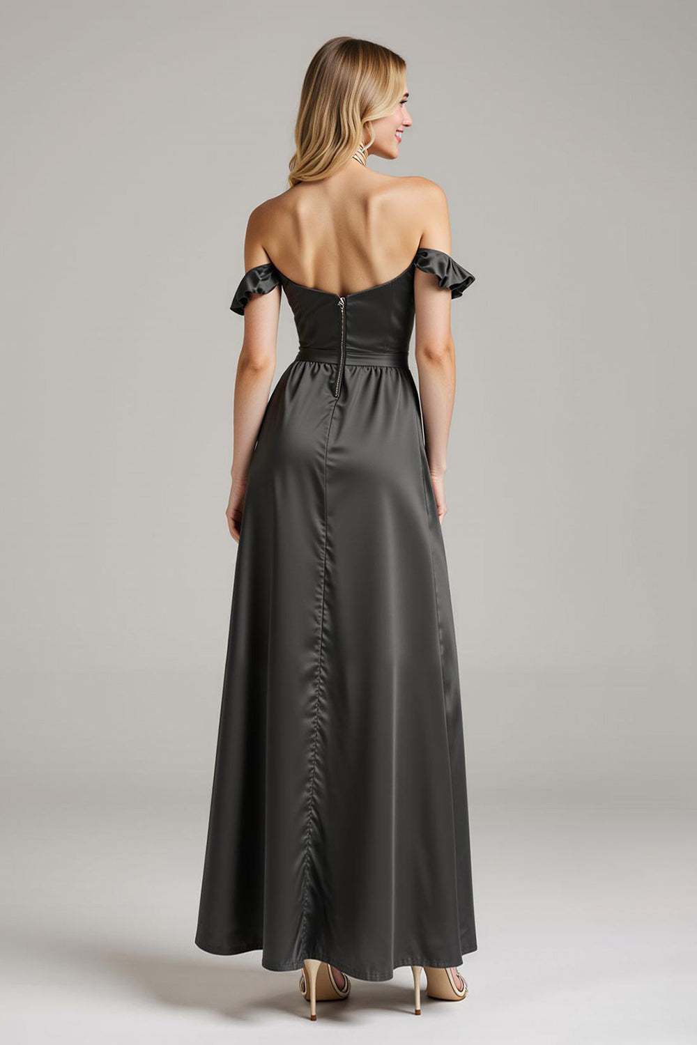 Black Satin Off The Shoulder Long Formal Dress with Ruffles
