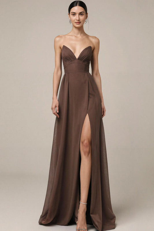 Brown Satin Sweetheart Long Formal Dress with Slit