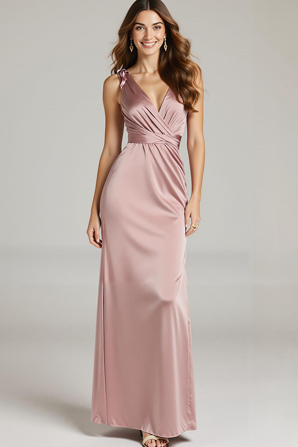 Light Pink Satin V-Neck Sheath Ruched Formal Dress