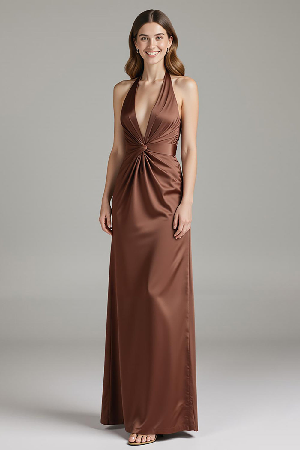 Coffee Sheath Satin Halter Long Formal Dress