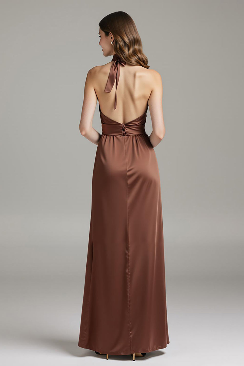 Coffee Sheath Satin Halter Long Formal Dress