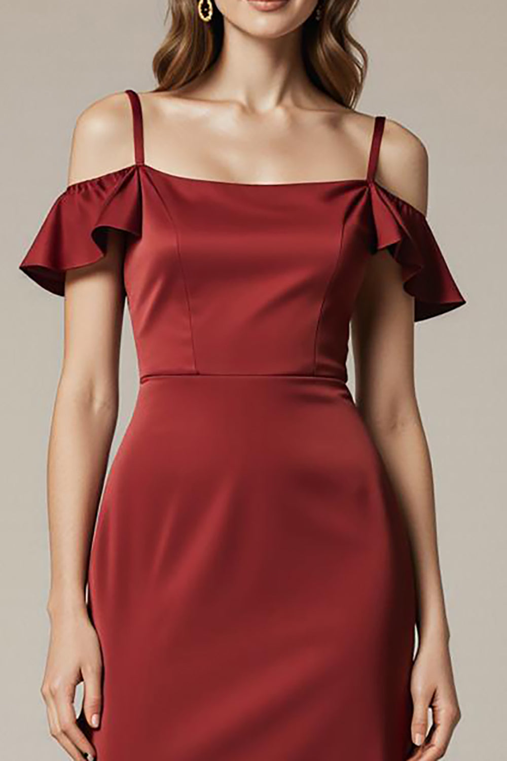 Red Cold Shoulder Satin Sheath Long Formal Dress