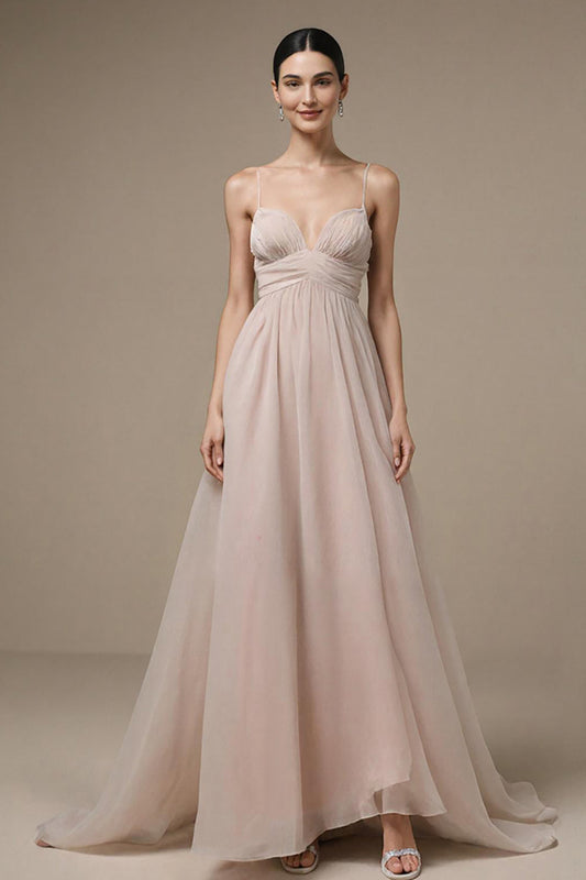 Light Pink A Line Spaghetti Straps Long Formal Dress