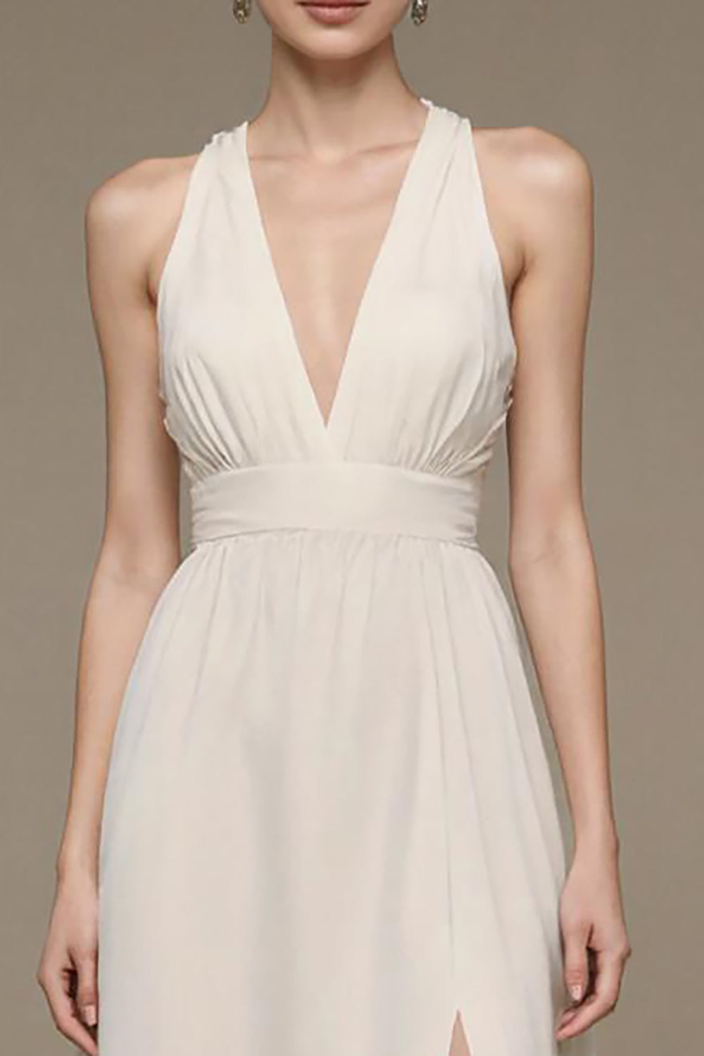 V-Neck Ivory A Line Long Formal Dress with Slit