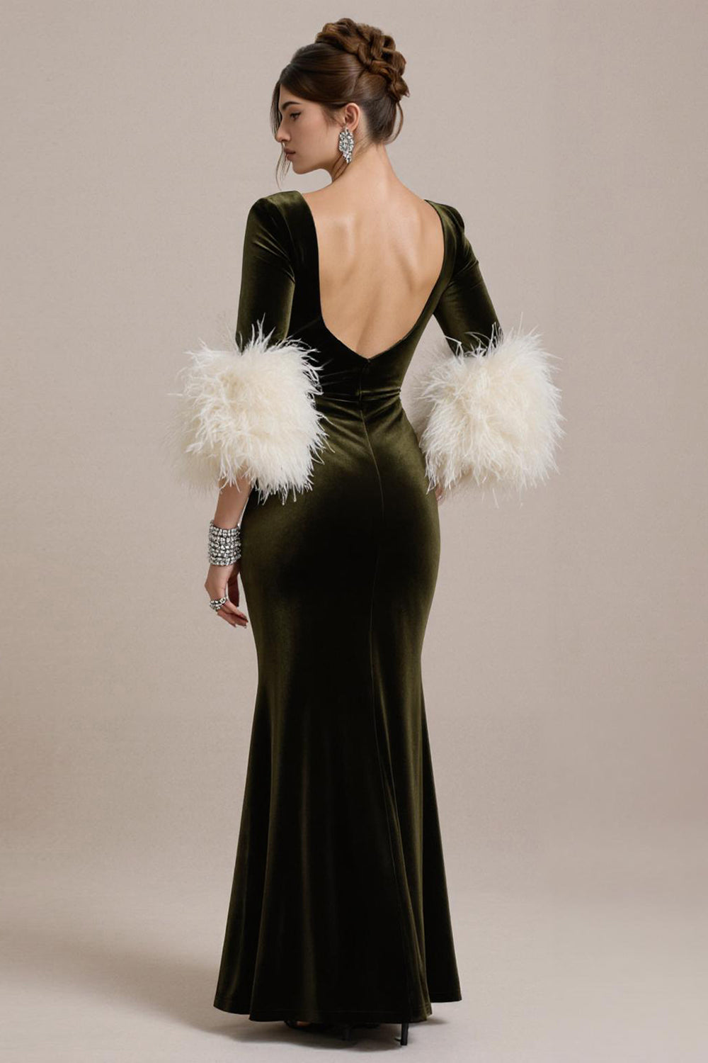 Olive Long Sleeve Mermaid Velvet Pageant Dress