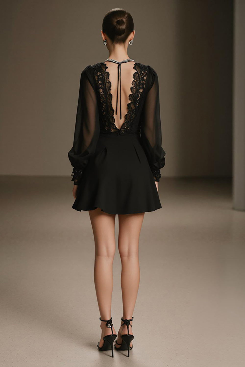 Black Chiffon Deep V-Neck A Line Short Cocktail Dress with Sleeves